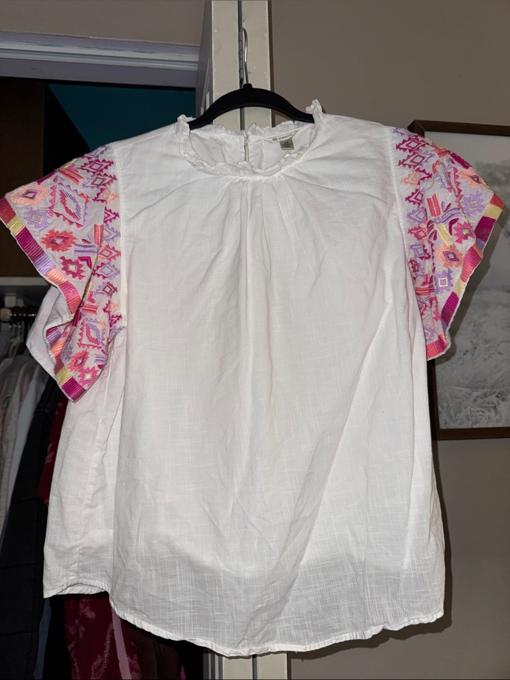 Versona White Women's Flared Sleeve Blouse with Pink Aztec Embroidered Sleeves